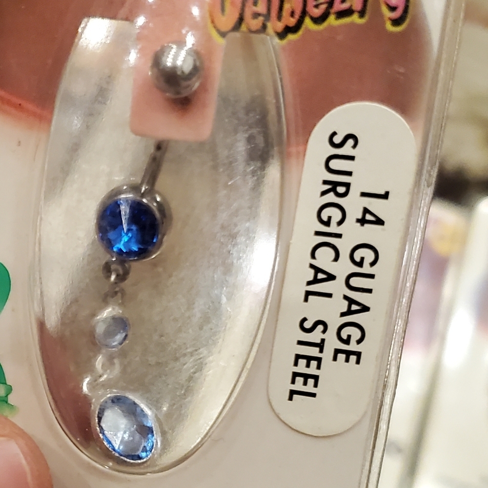 14 Gauge Stainless Steel belly button blue crystal dangle piercing
